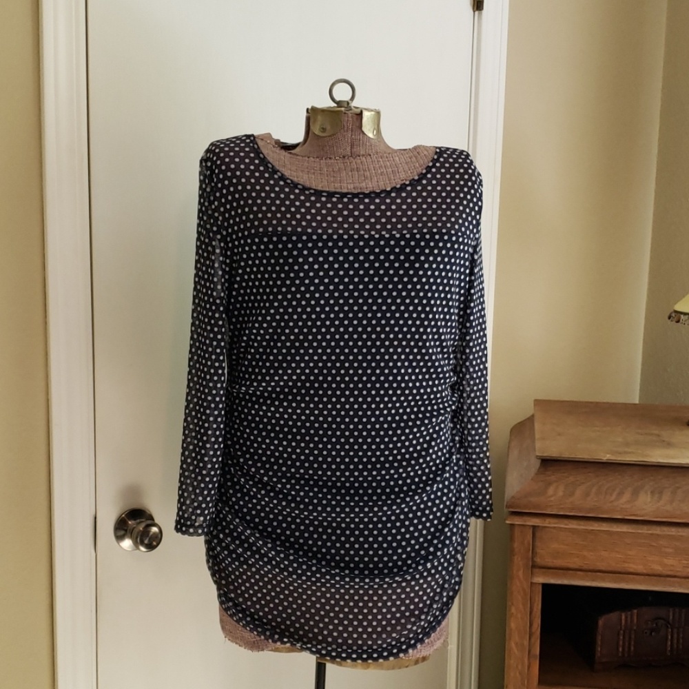 Navy and white polka dot top